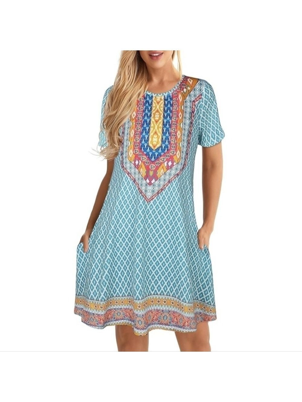 Summer Boho Short Sleeve Sundress with Pockets Medium    - New Without Tags